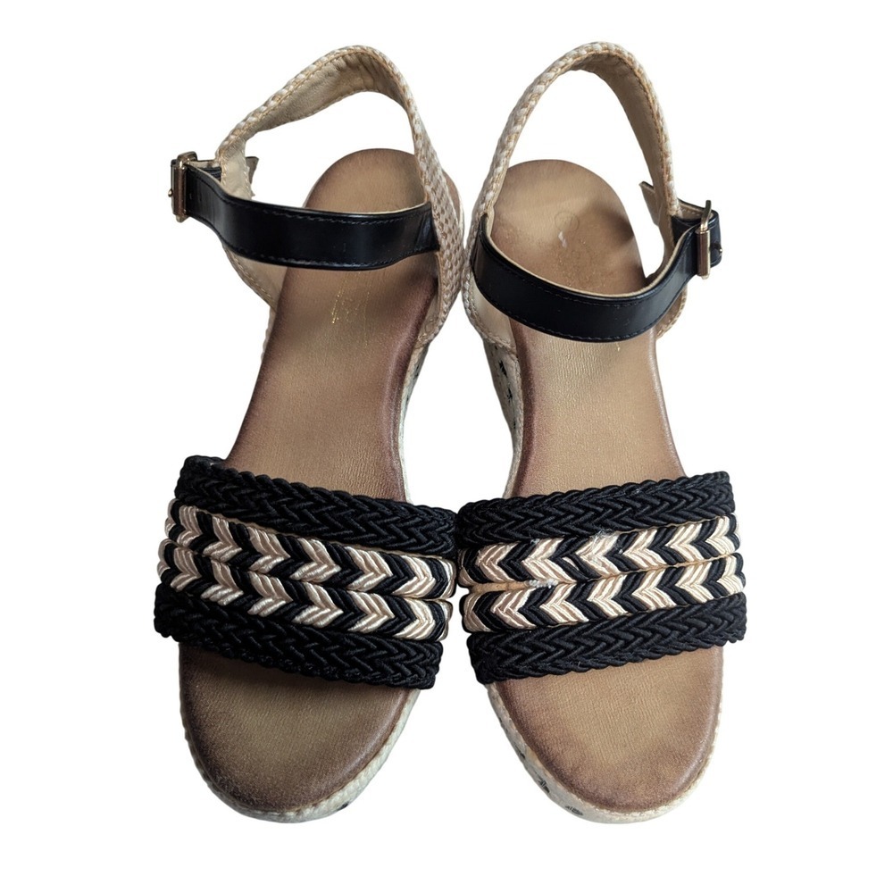 Womens Wedge Espadrille Sandals Black Beige Braided Ankle Strap - Picture 2 of 12
